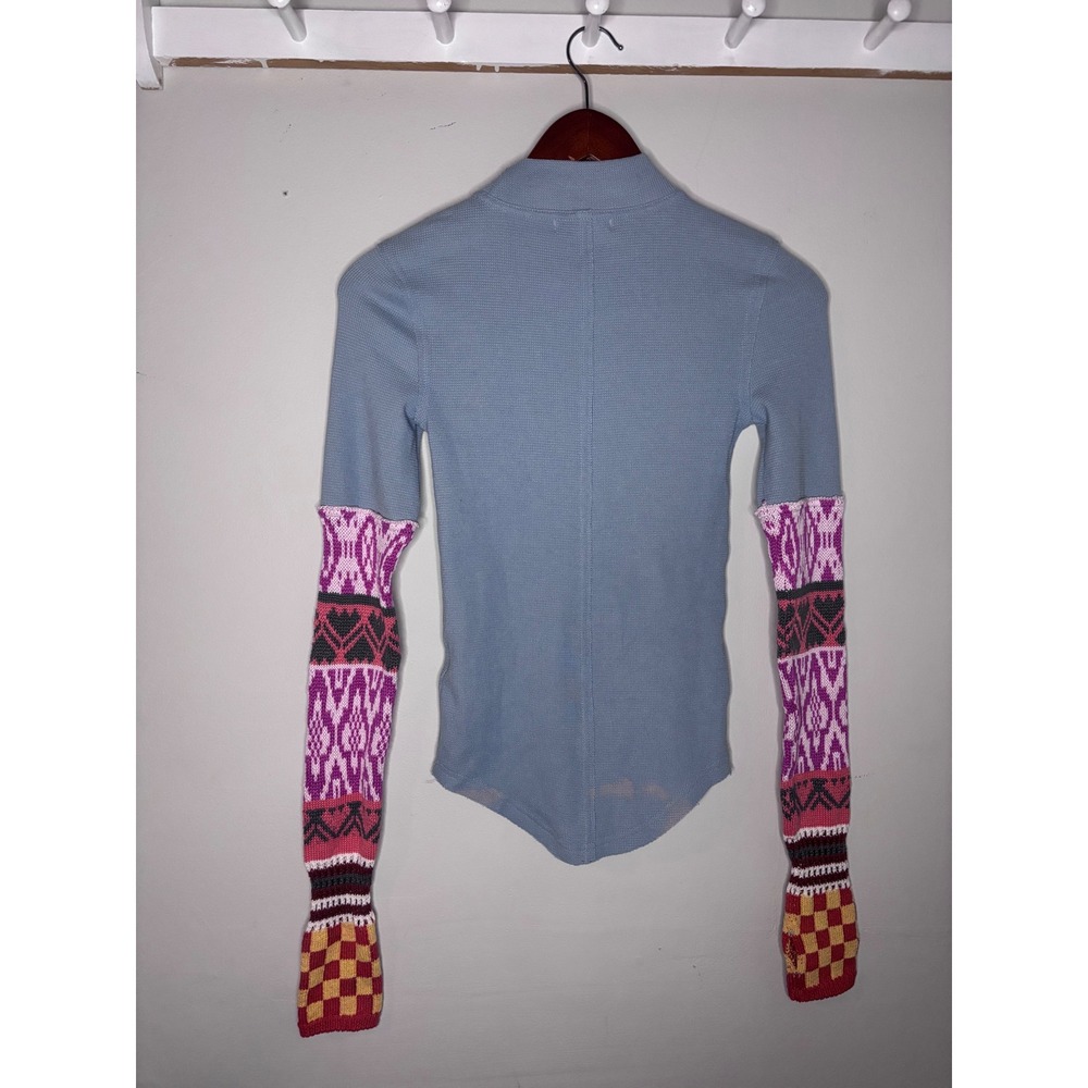 We The Free Free People Thermal Top XS Blue Mixed Media Knit Sleeve Mock Neck - Picture 3 of 6